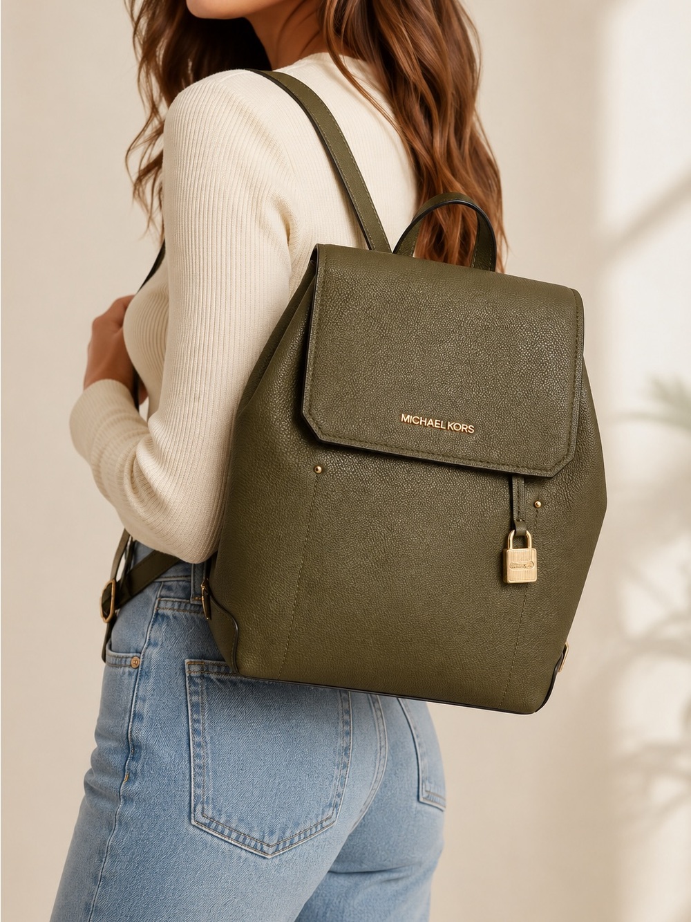 Michael Kors Hayes Medium Leather Backpack in Olive Green